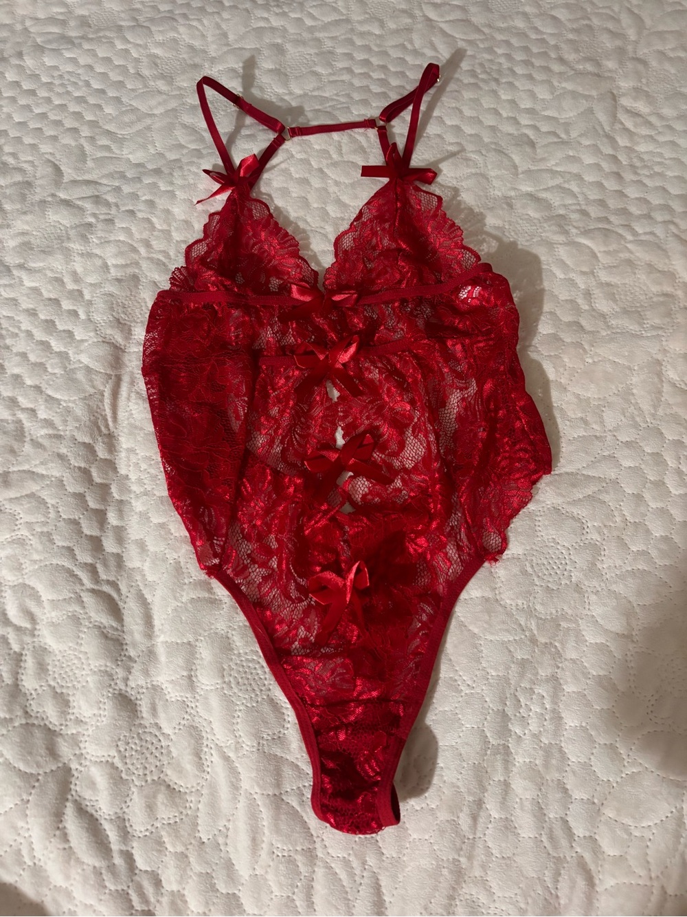 Lace Bow-Front Red Teddy Bodysuit - Women Intimates